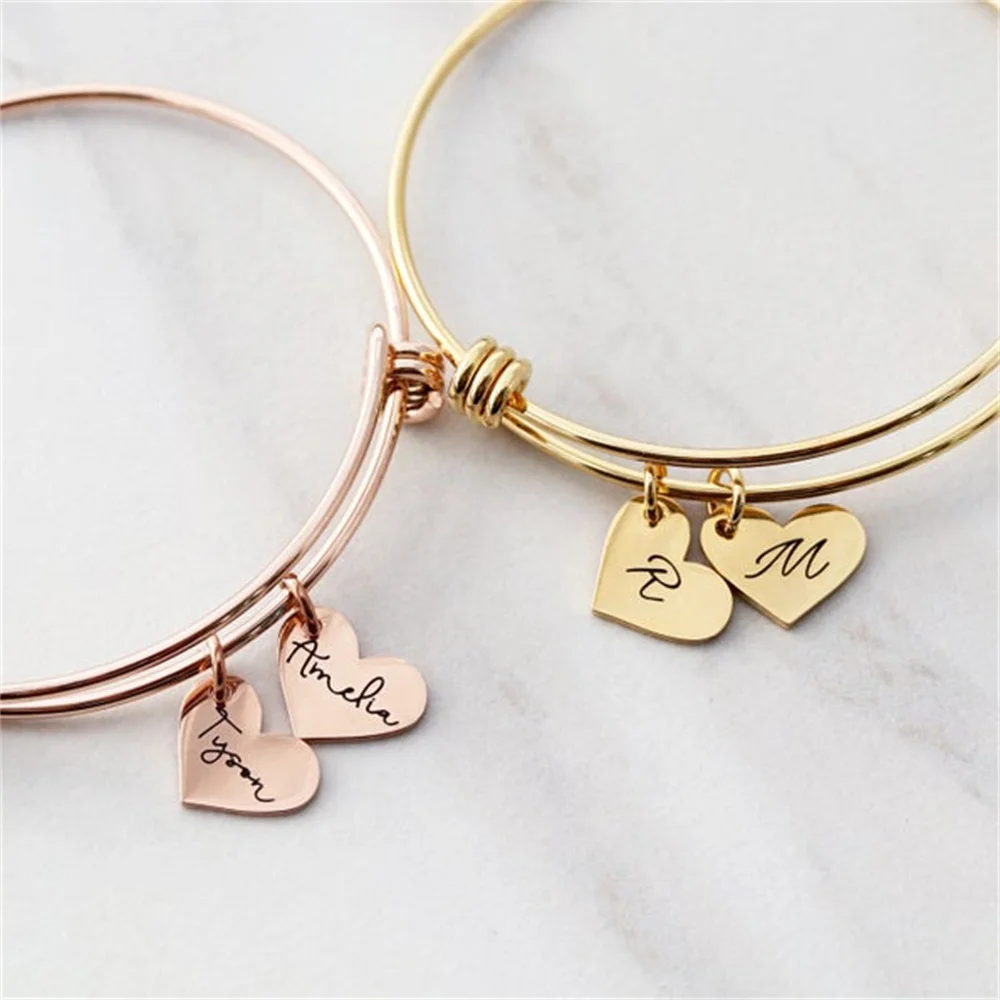 Customized Engraved 1-3 Names Bracelets Personalized Custom Round Heart Bangle for Women Boy Girl Bracelets Beautiful Gift