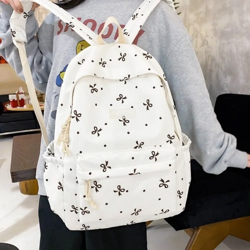Nylon Material Bow Print Backpack Adjustable Straps Multi-Pocket Large Capacity School Bag Quilted Design Harajuku