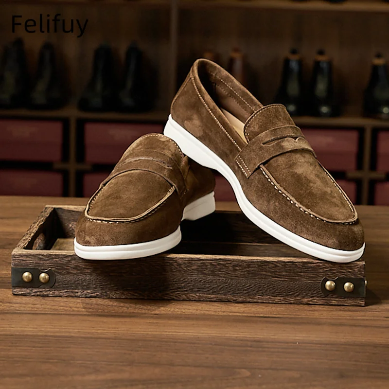 British Style Cow Suede Flats Loafers for Men Casual Slip-On Business Genuine Leather Men's Driving Shoes Breathable Flat Shoes