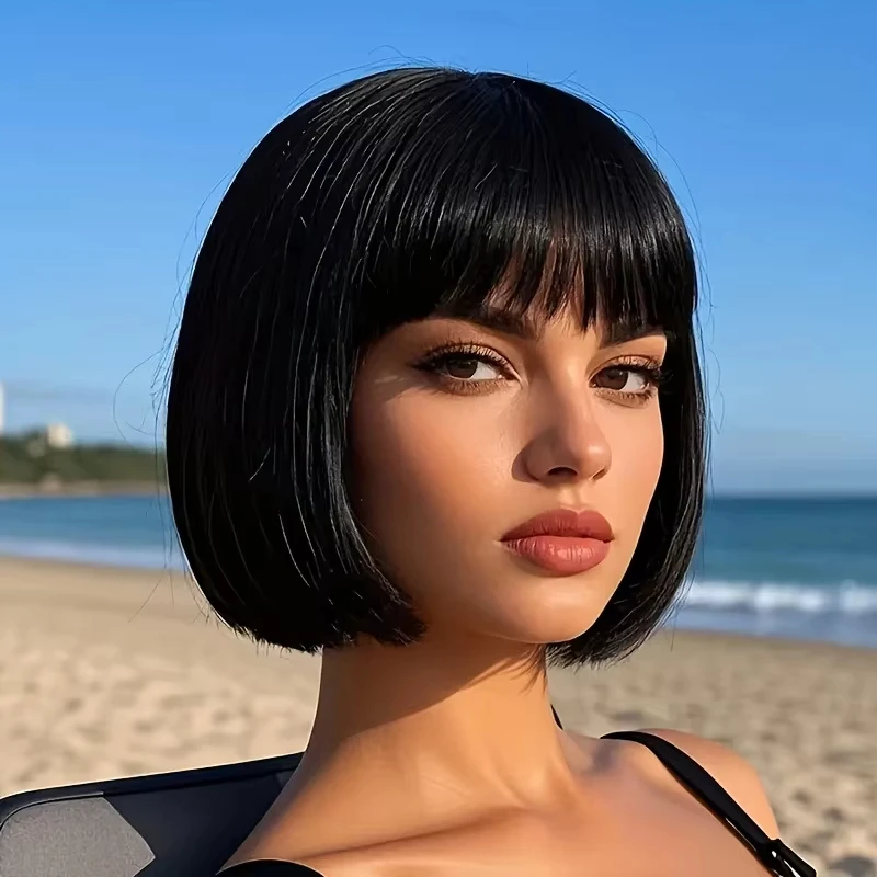 Short Bob Black Synthetic Wig Halloween Party Cosplay Wig Daily High-Temperature Silk Wig Set