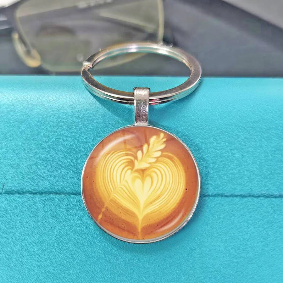 Handmade Brew Coffee Latte Graphic Glass Inlaid Key Fob Coffee Shop Staff Portable Vehicle Key Accessory Holiday Souvenir