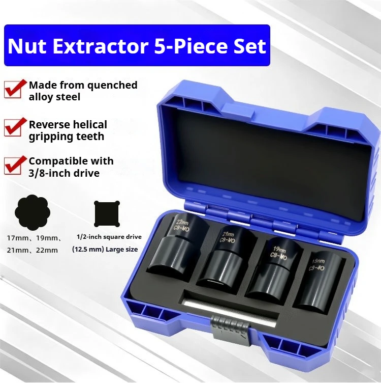 5Pcs Nut Remover Damaged Nut Extractor Set Durable Broken Bolt Screw Extractor 17/19/21/22mm Twist Socket Nut Removal Tool