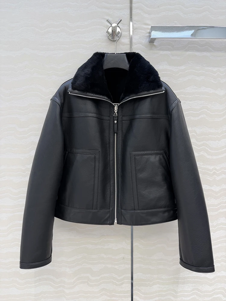 SVORYXIU Winter New style Flip collar Zipper Genuine leather jacket Woman Fashion black Lined with plush warm Leather jacket