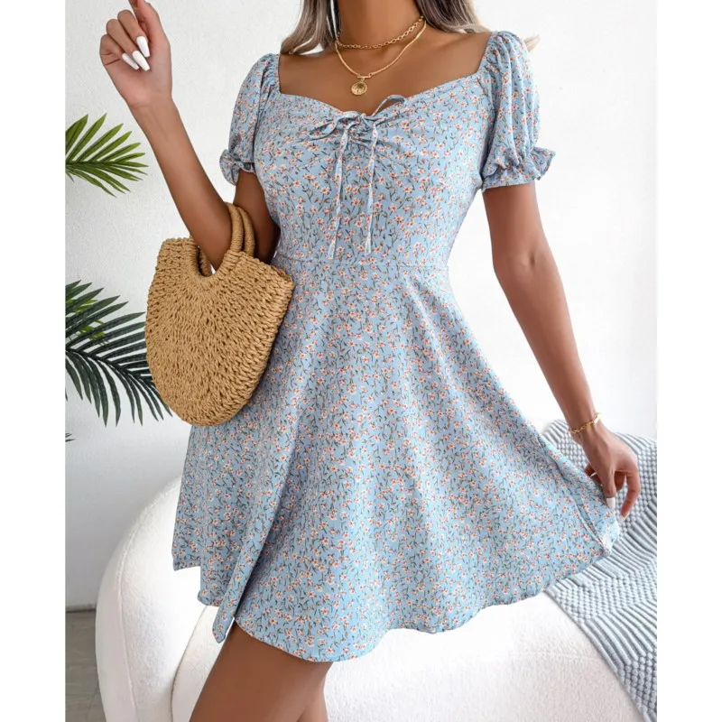 Elegant Women's Dress Spring/Summer Leisure Puff Sleeves Drawstring Lace Up Fragmented Flower Dresses Ladies Pullover Femem Robe