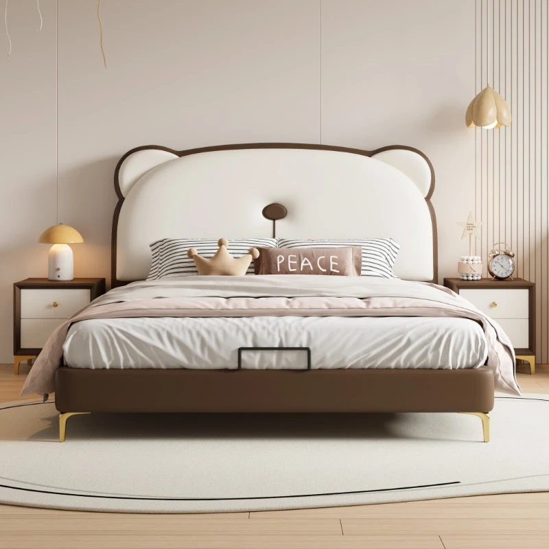 

bear boy bed room soft bag storage solid wood multi-functional bed 150x200cm leather fence slide кровать bedroom furniture