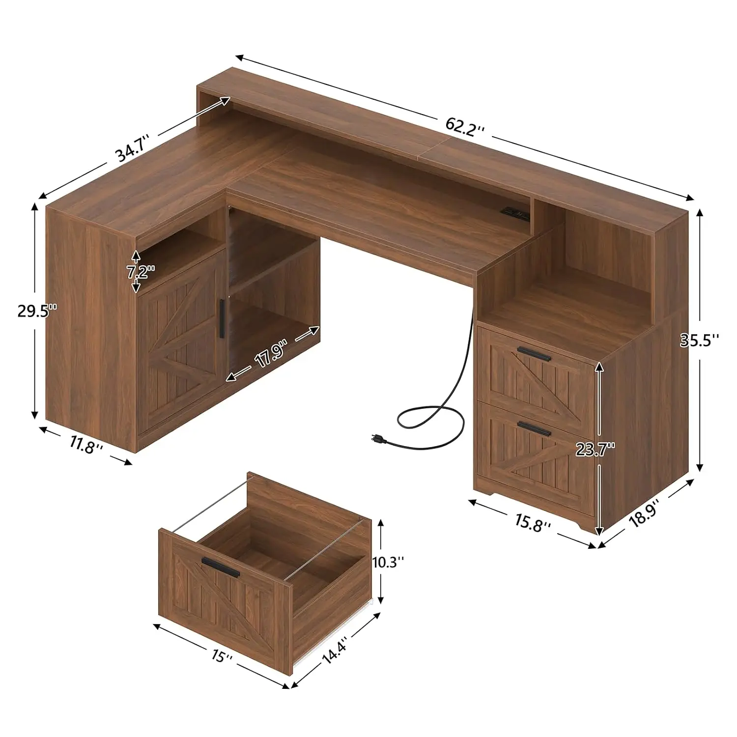 63 Inch Farmhouse L Shaped Desk with Drawers, Brown Corner Computer Desk with Power Outlet, Printer Stand, Storage Shelves
