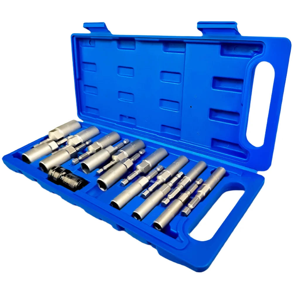 16Pcs Silver Hex Socket Set With Telescopic Adapter For Impact Driver Heavy-Duty Fastening Repair Tool Replacement Kit