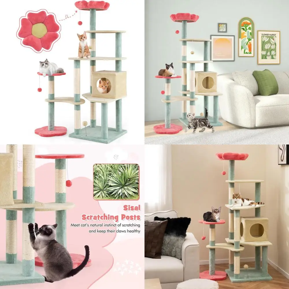 

61-дюймовая современная кошачья башня с цветочной тематикой, многоуровневыми платформами и когтеточками из сизаля