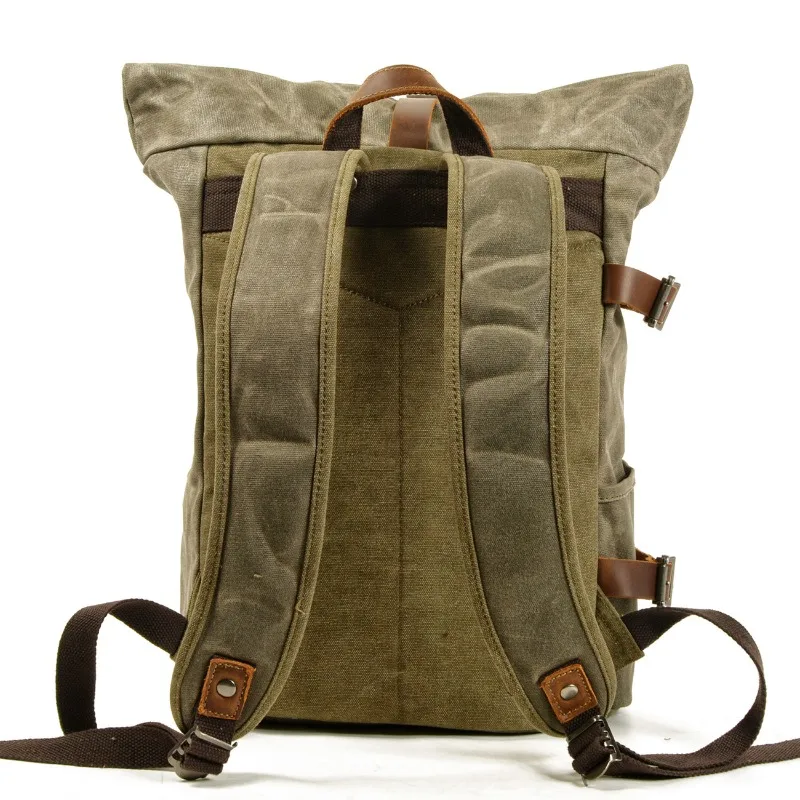 Retro Canvas Roll‑Top Rucksack Men Motorcycle Backpack Crazy Horse LeatherWaterproof Large Capacity Casual Travel Riding 20-35L