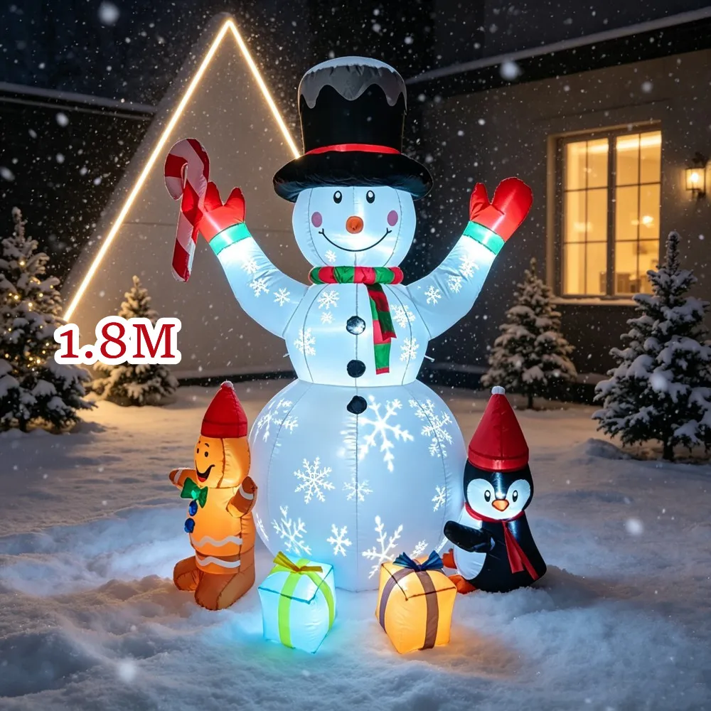6FT Christmas Inflatable Snowman Gingerbread Penguin Gift Box Built-in LED Color Projection Suitable For Garden Lawn Decoration