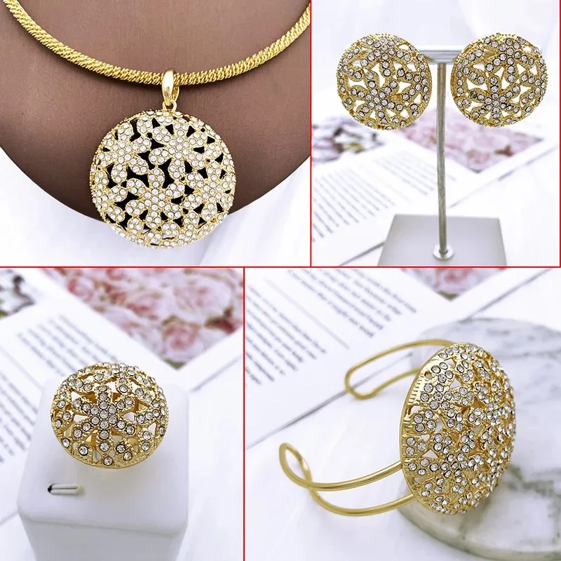 Italian 18K Gold Plated Jewelry Set For Women Classic Design Round Pendant Necklace Earrings Bangle And Ring Wedding Party