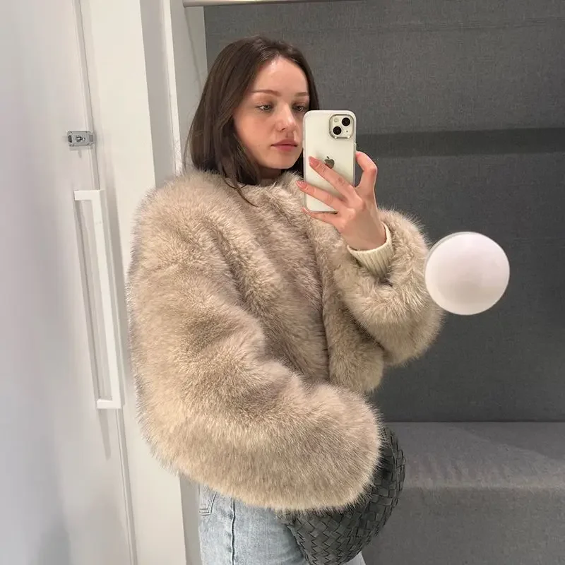 Neo Mint Girls Fluffy Cropped Short Faux Fox Fur Coat Women 2024 Winter Brand Fashion Furry Thick Warm Streetwear Eco Fur Jacket