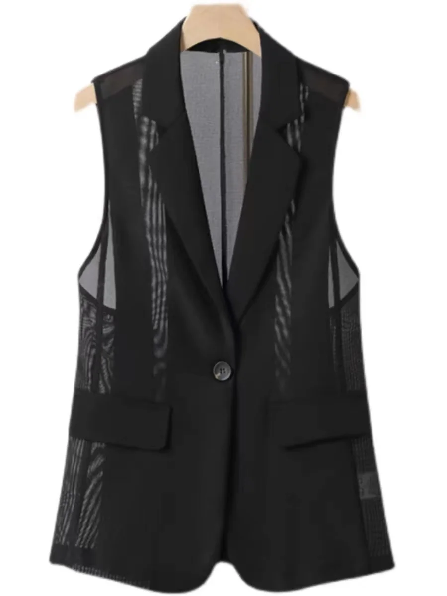 Gilet in rete gilet estivo sottile elegante da donna Slim nero gilet giacca moda spacco risvolto Casual retrò semplice Chic