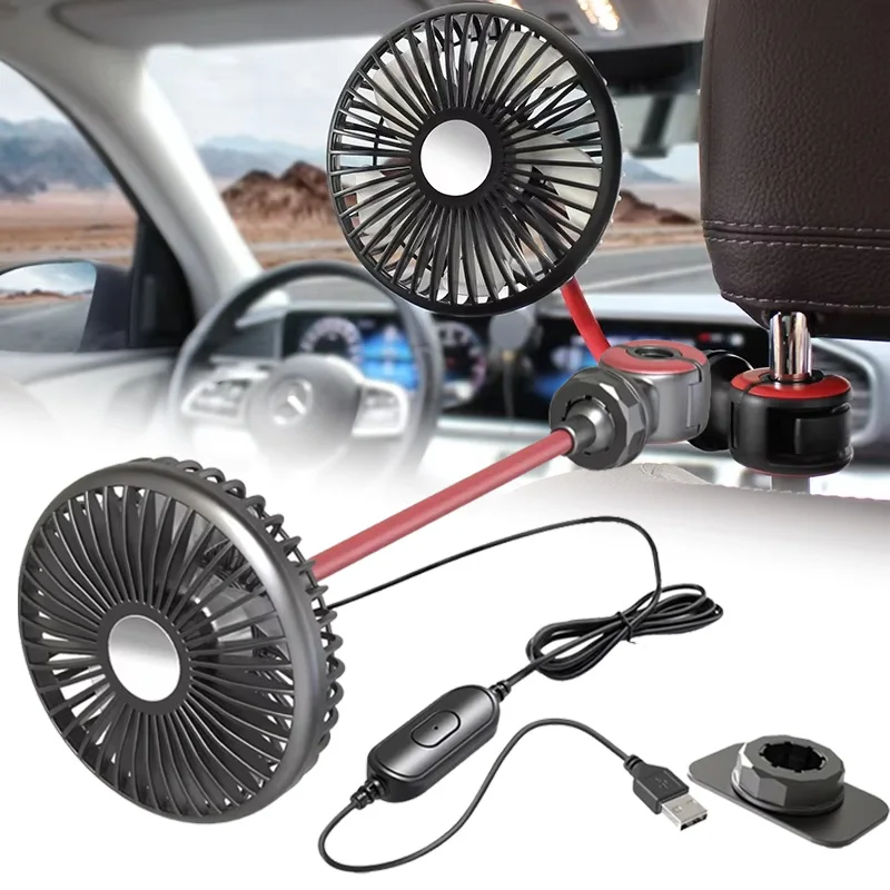 Heavy Duty Rear Seat Fan 3 Gear USB Ventilation Blower 360° Rotatable Metal Grill for Work Trucks Vehicles Dustproof Shockproof