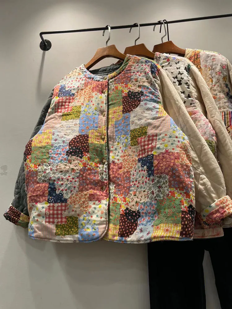 

Double-Sided Wear Retro Floral Cotton Blend Women's Winter Slim Fit round Ne Age-Defng Cotton Jaet Warm ort Outerwear