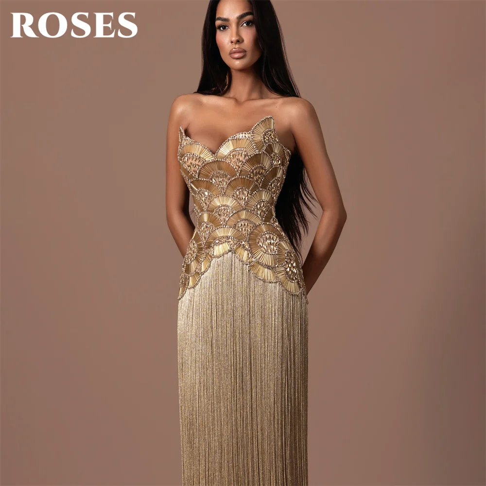 ROSES Golden Party Dresses Strapless Sleeveless Evening Dresses Glitter Sequin Straight فساتين السهرة Tassel Customized view 4