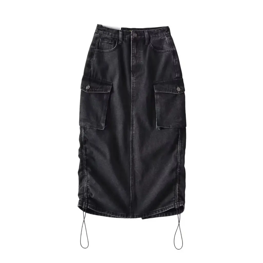 

Women's High Waist Pleated Denim Skirt with Drawstring And Back Slit Three-Dimensional Pockets Spring Autumn Fashion
