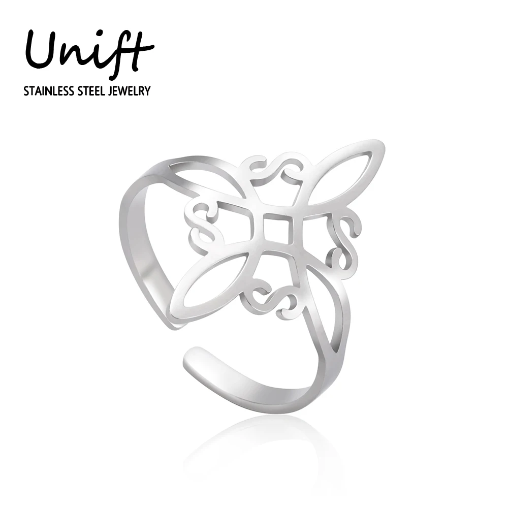 Unift Stainless Steel Witch Knot Rings for Women Men Wiccan Amulet Wedding Band Open Ring Vintage Witchcraft Protection Jewelry