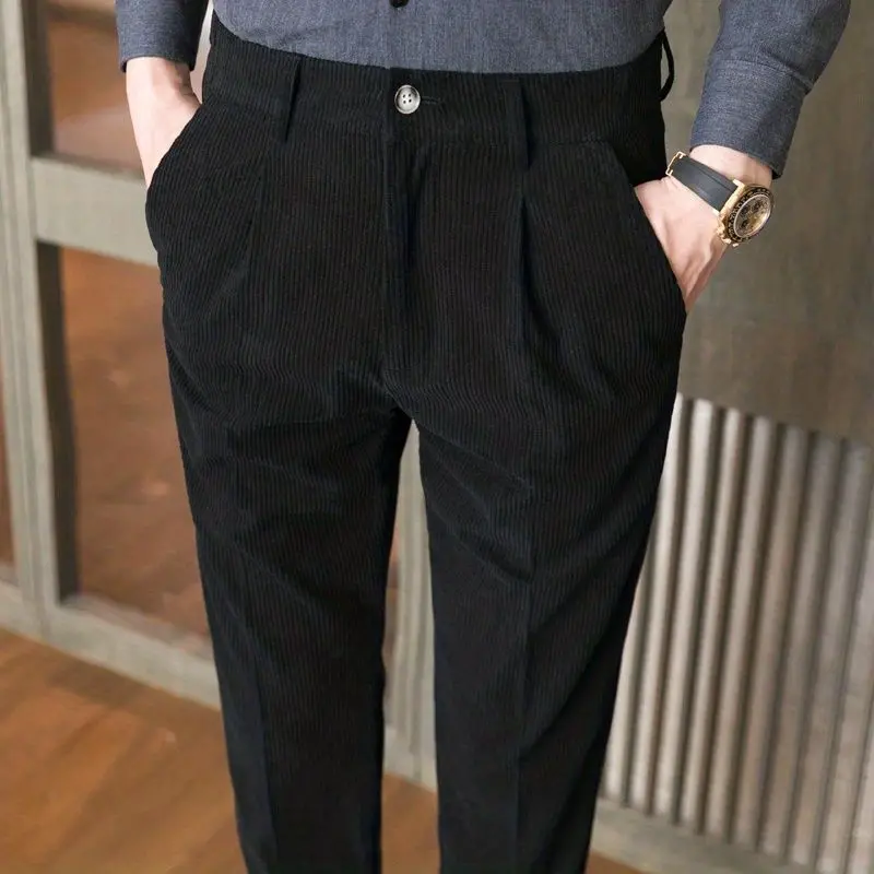 Korean Fashion Spring and Autumn New Men\'s Solid Color Pocket Zipper Corduroy Simplicity Casual Versatile Straight Suit Pants