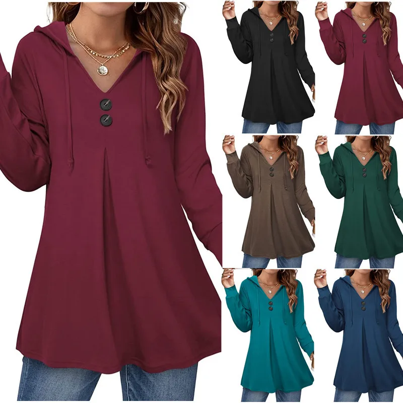 

2025Autumn and Winter New Popular Button Hooded with Rope Sweater Long Sleeve Top Women's Clothing