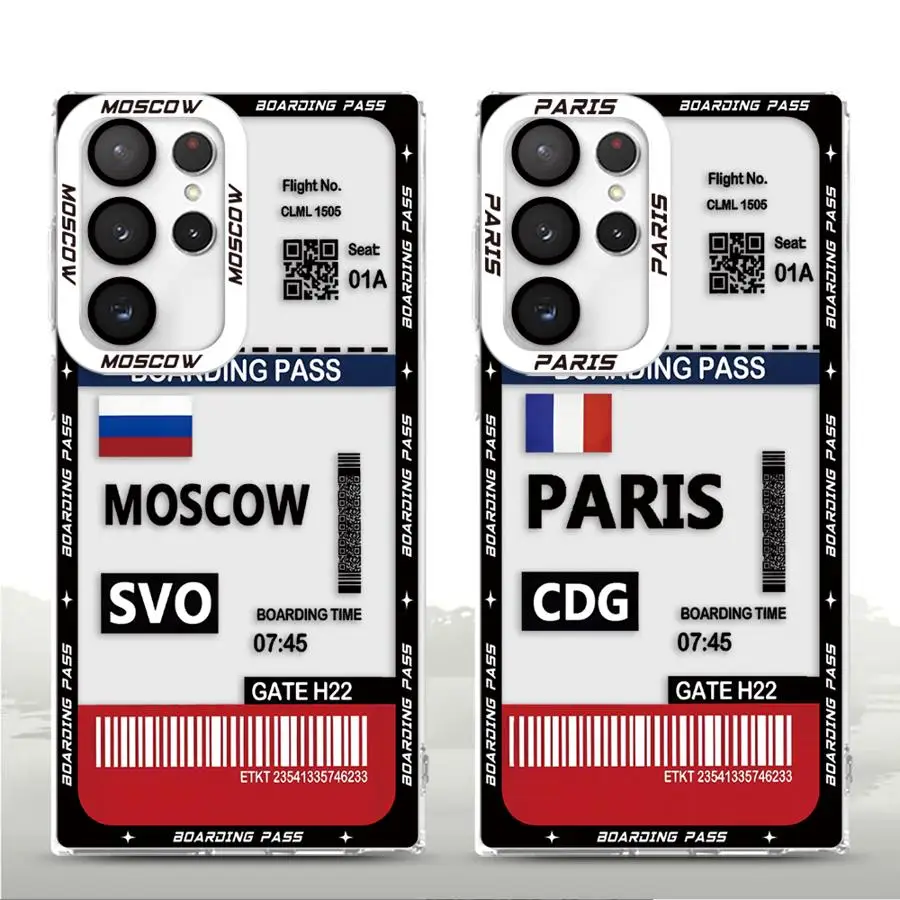 Moskau Paris Boarding Pass Weiche Handyhülle für Samsung Galaxy S22 S23 FE S21 Note 20 10 S25 Ultra S24 Plus S25 Ultra S23+