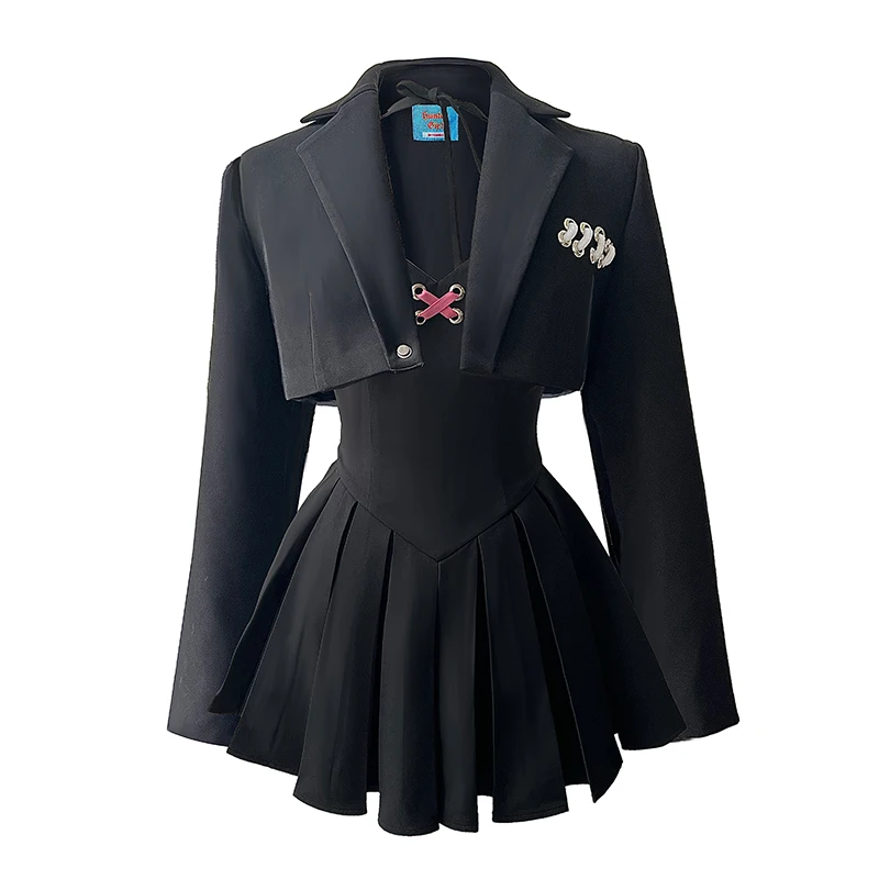 Original Hot Girl Suit Autumn and Winter Black Sexy Preppy Style Suit Pleated Dress Design Sense JK Overall Dress Short Skirt