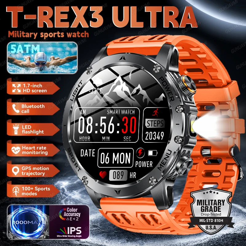 

Новые спортивные умные часы с аккумулятором 1000 мАч для мужчин 1,7 дюйма AMOLED-экран 5ATM водонепроницаемые военные T-Rex3 Bluetooth Call Smartwatch