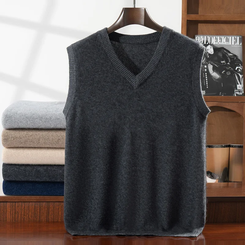 

Мужской кашемировый жилет ANGEL с V-образным вырезом, весна-осень-зима, однотонный, без рукавов, пуловер, свитер, 100% кашемир из козьего меха, вязаный жилет-топ