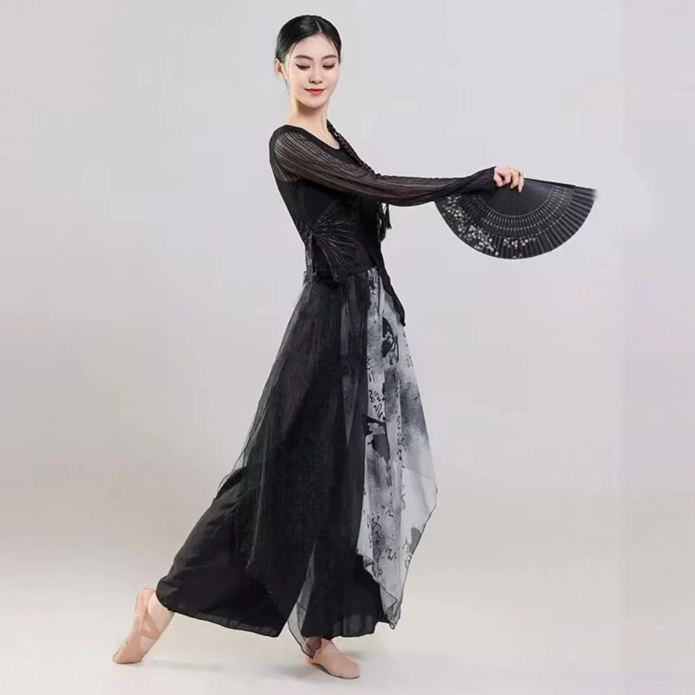 ชุดเต้นศิลปะการต่อสู้แบบจีนโบราณ ลายภาพวาดสีน้ำหมึก สีดำ สำหรับผู้หญิง ใช้สำหรับฝึกซ้อมและการแสดงบนเวที