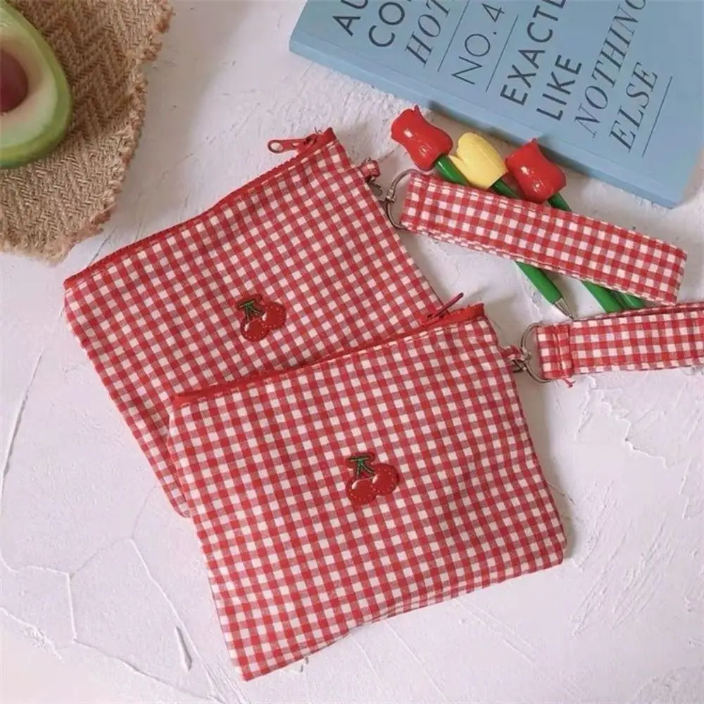 

Korean Style Cherry Cosmetic Bag Toiletry Organizer Large Capacity Plaid Makeup Bags Pouch Stationery Bag Canvas Coin Purse