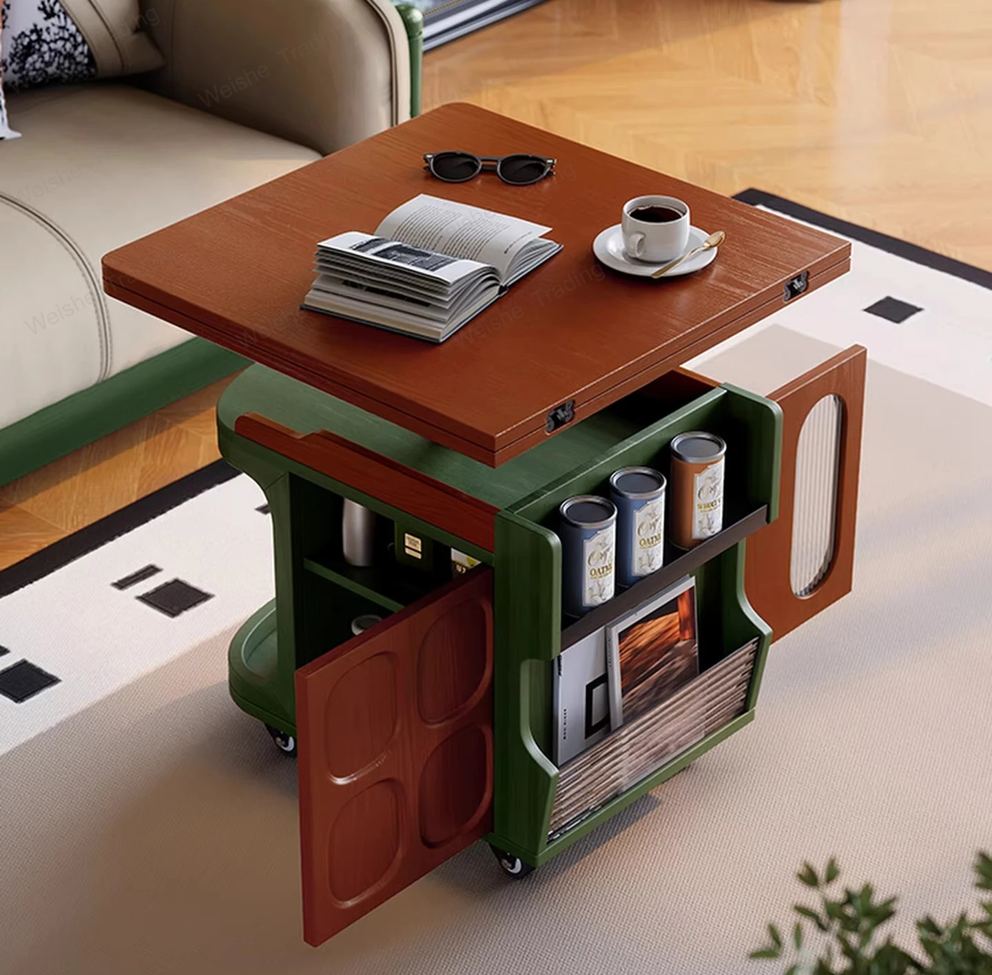 

French retro style sofa side cabinet side cabinet mobile folding coffee table movable lifting rotating side table trolley
