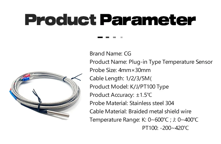 CG 4mm * 30mm K J PT100 1m 2m 3m 5m 10m Sondentyp abgeschirmter Geflechtdraht Thermoelement Temperatursensor für Temperaturregler – Detail 3