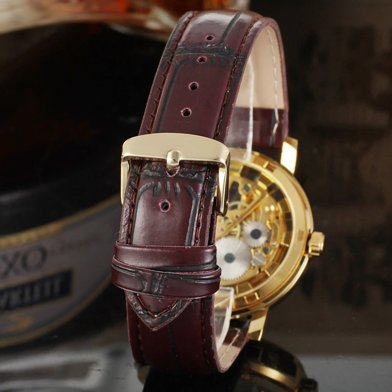 Transparent Golden Case Luxury Casual Design Brown Leather Strap Mens Watches Top Brand Mechanical Hand Wind Skeleton Watch