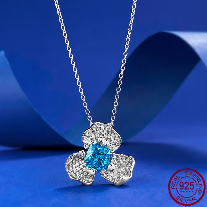 

New S925 Pure Silver Sea Blue Treasure 7 * 7 Redion Luxury Full Diamond Luxury Set Necklace Pendant for Women's Wedding Jewelry