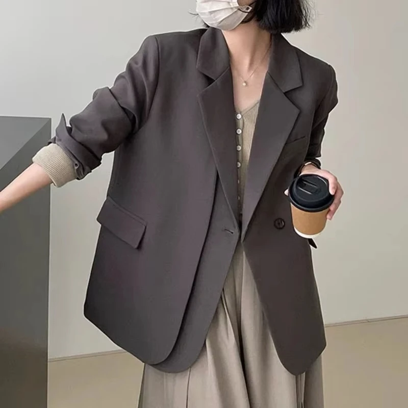 Spring Autumn Elegant Grey Women's Blazer Jacket  New Long Sleeve Single Button Office Lady Loose Outwear for Women