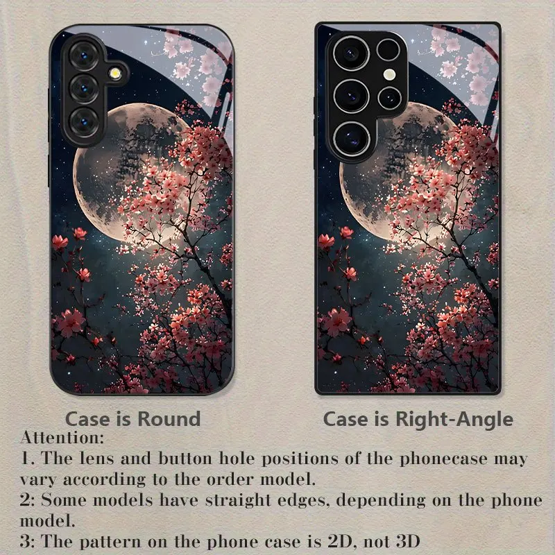 Moon and cherry blossom printed black glass phone case suitable for Samsung GalaxyS26 S25 S24 S22 S21 S20FE/Ultra/Plus anti drop