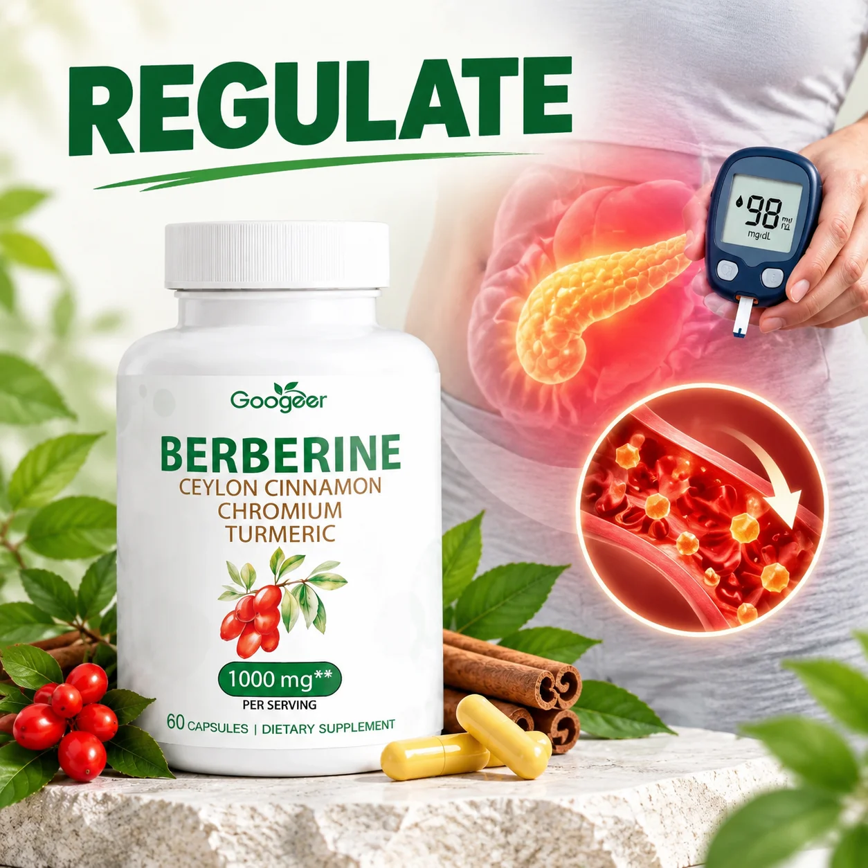 Berberine Capsules,Regulate Glucose Metabolism,Maintain Cardiovascular Comfort,Blended with Chromium,Ceylon Cinnamon,60 Capsules