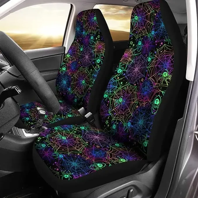 Neon Colorful Spider Web Decoration Car Seat Cover Auto Decoration Front Seat Covers Bench Protection Seat Protectors Halloween