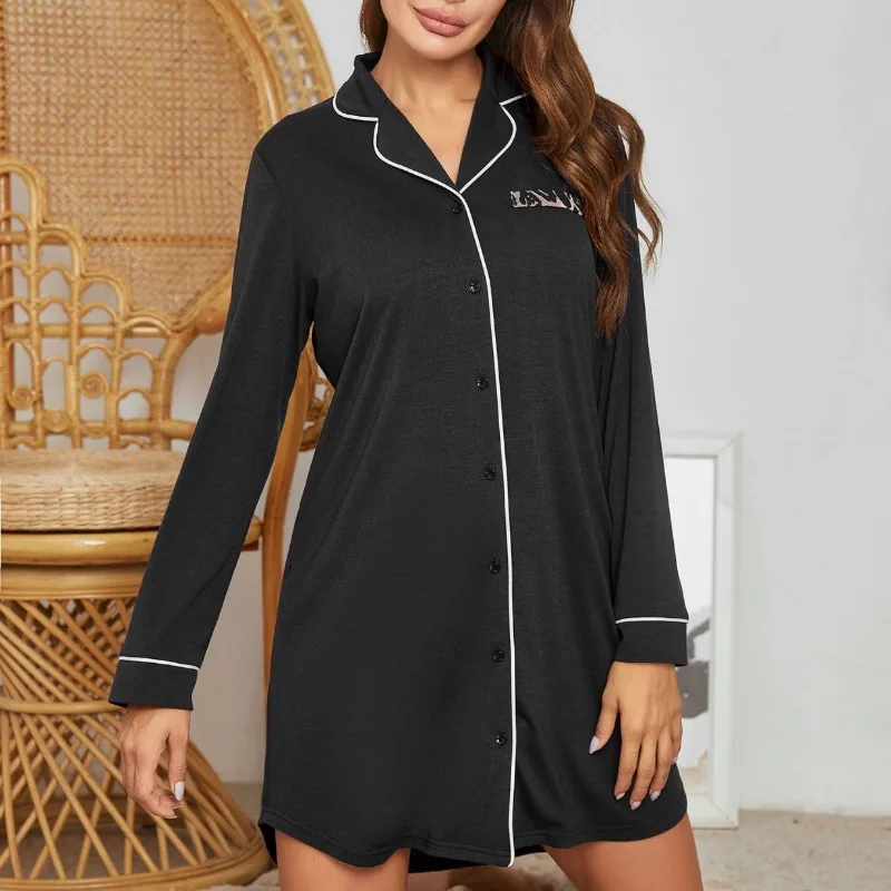 

American Simple Style Cotton Breathable Women's Home Wear Long Sleeve Shirt Button Imitation Cotton Home Nightdress Woman