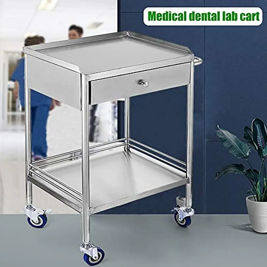 Medical Carts 2 Layers Household Utility Stainless Steel with Drawers Lab with Wheels Mobile Trolley