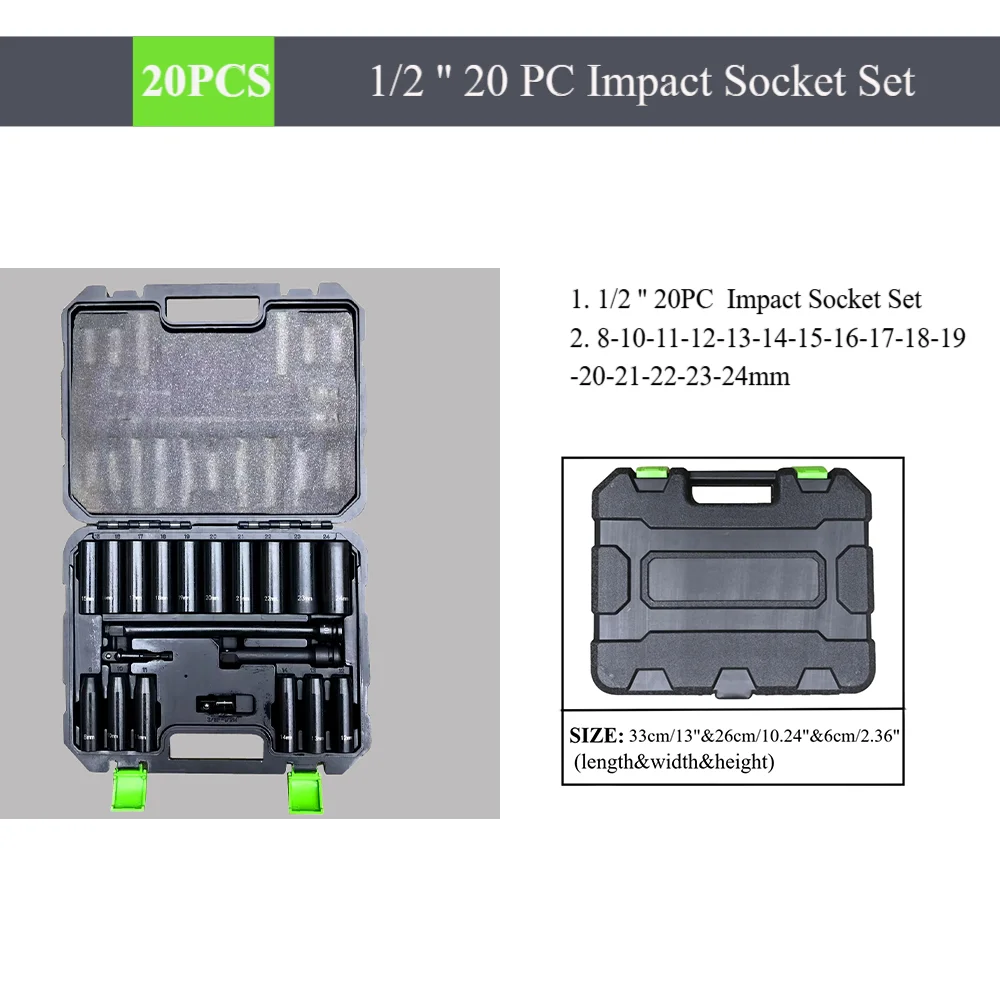 

Набор ударных головок 1/2 дюйма, 20-кратный 6-точечный ударный набор, метрические размеры (8–24 мм), набор головок с ударной удлинителем 3 дюйма, 5 дюймов, 10 дюймов