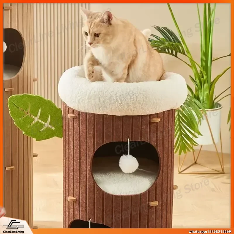 多層フェルト製キャットハウス、木の切り株風爪とぎポール、クライミングタワー、猫用室内ペット家具、耐久性あり