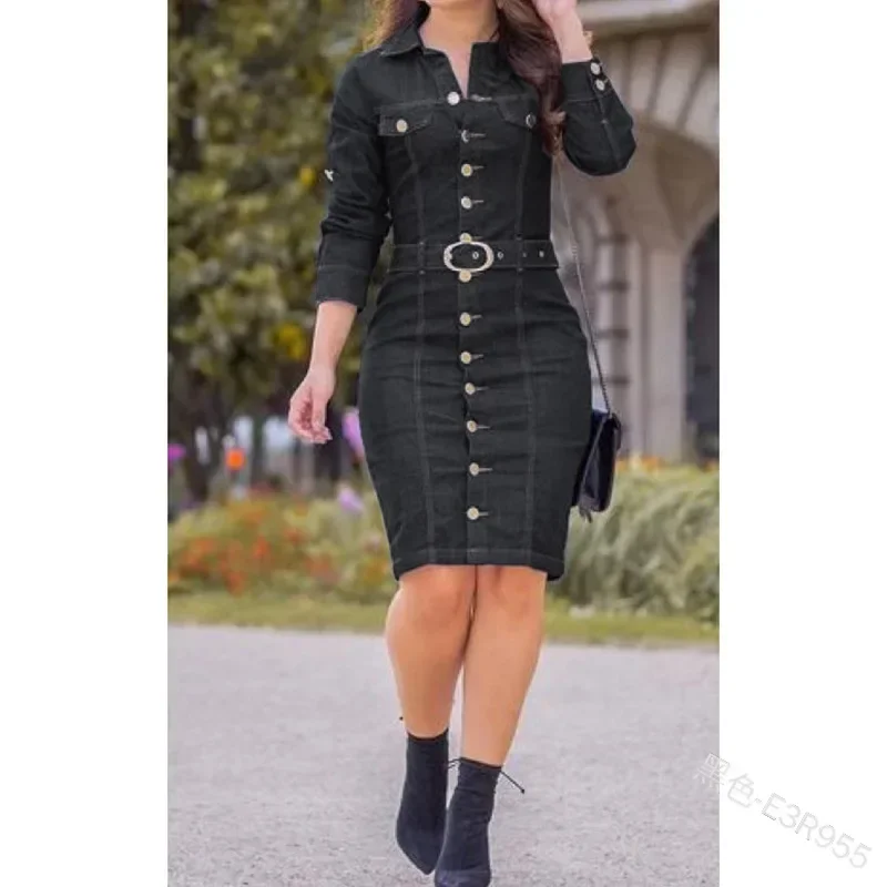 New Denim Dress Women Lapel Slim Fit Elegant Pencil Dresses Long Sleeve High Waist Singl-Breasted Jeans Vestidos Largos Mujer