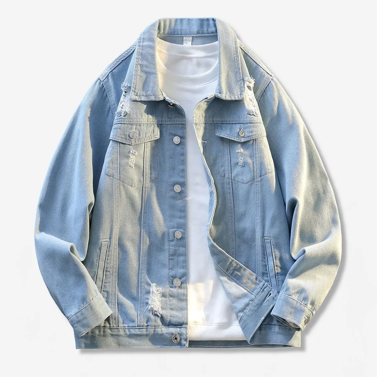 2025 Autumn Ripped Hole Vintage Men's Denim Jackets Washed Distressed Y2K Fashion Light Blue Black Turn-down Collar Jean Clothes