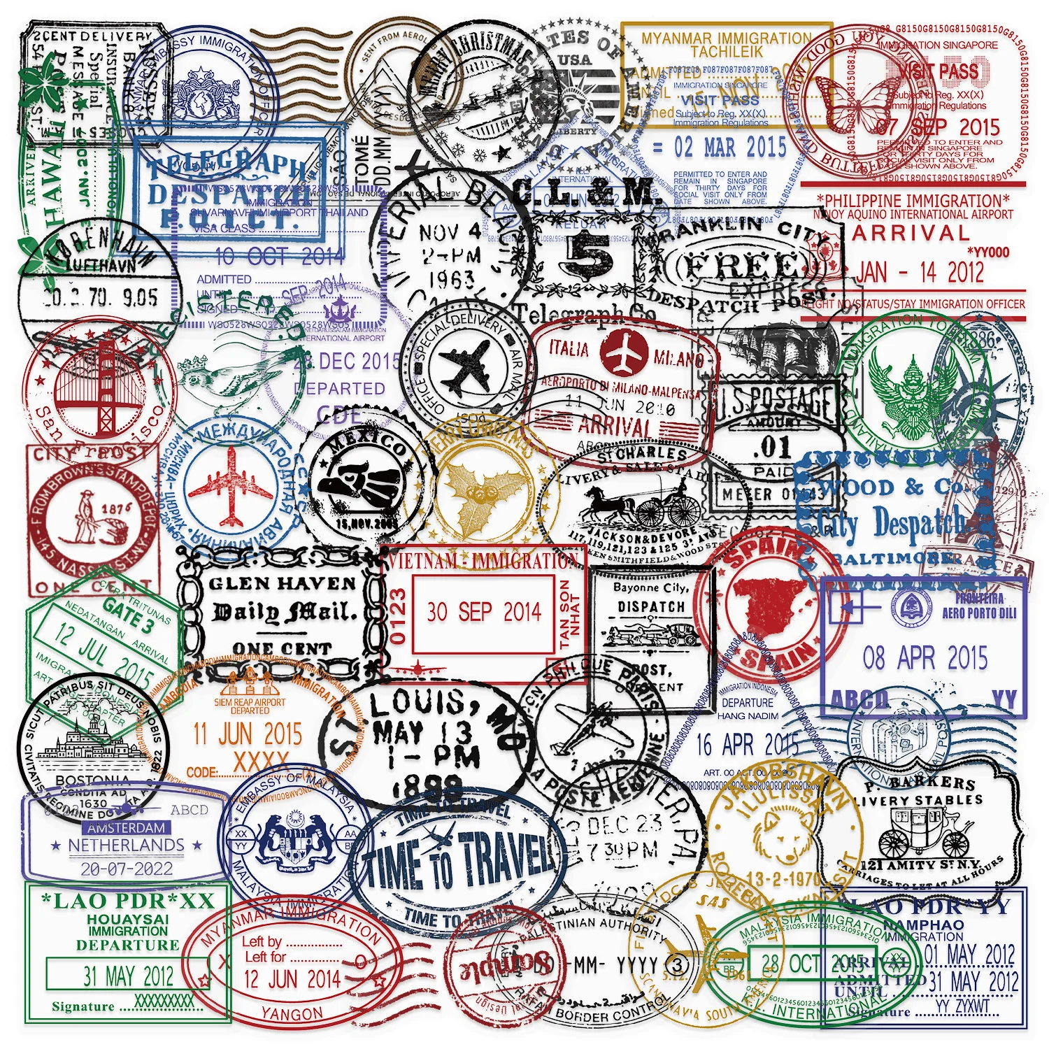 Vinyl Travel Immigration Postmark Stickers 60 Pcs Suitcase Stickers Pack Waterproof Decals for Water Bottle Laptop Luggage Decor
