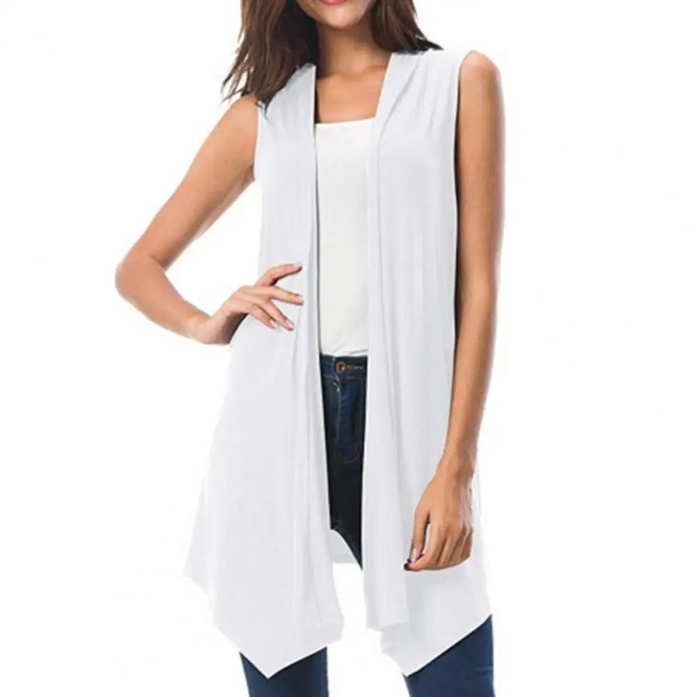 Women Sleeveless Cardigan Vest Summer Solid Color Open Front Draped Mid-length Asymmetric Hem Waistcoat Lightweight Coat Placket