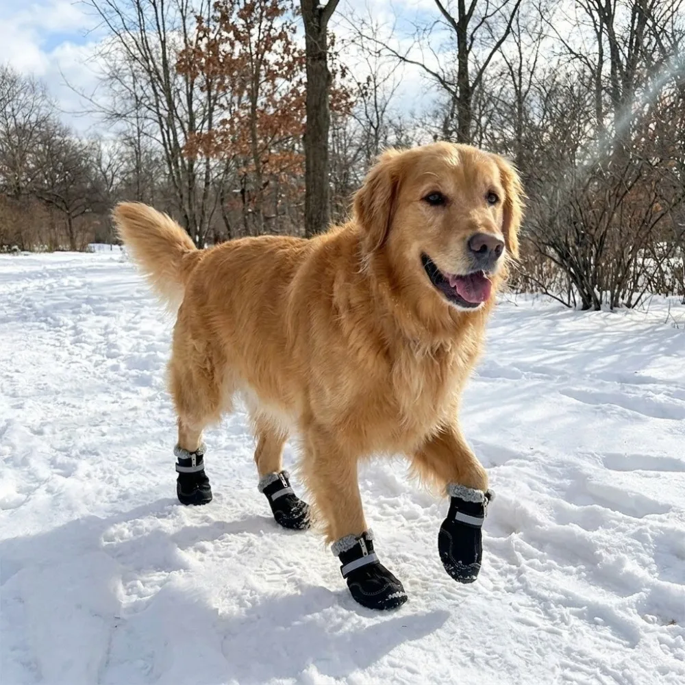 4PCS Anti-Slip Zipper Dog Velvet Insulated Snow Boots Reflective Warm Pet Paw Protectors Thickened Waterproof Dog Footwear Snow