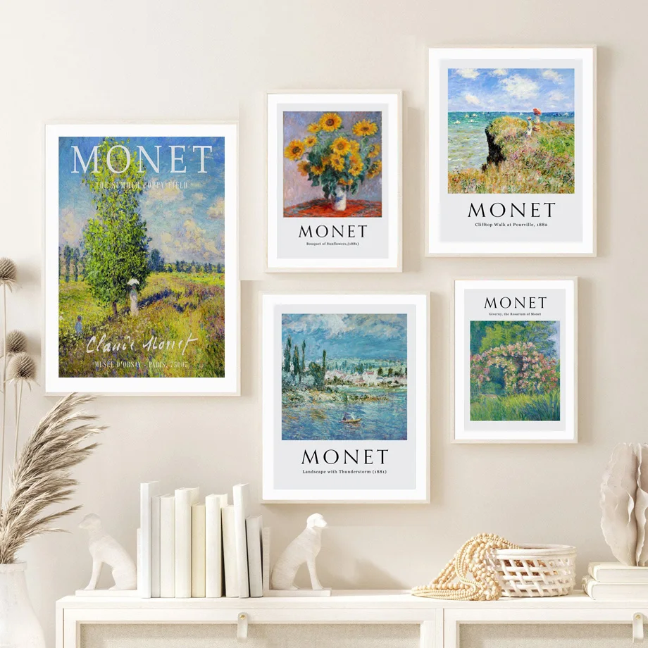 Monet Impressionist Canvas Poster Sunflower Riverside Cliff Floral Landscape Print Vintage Gallery Wall Art Home Study Decor