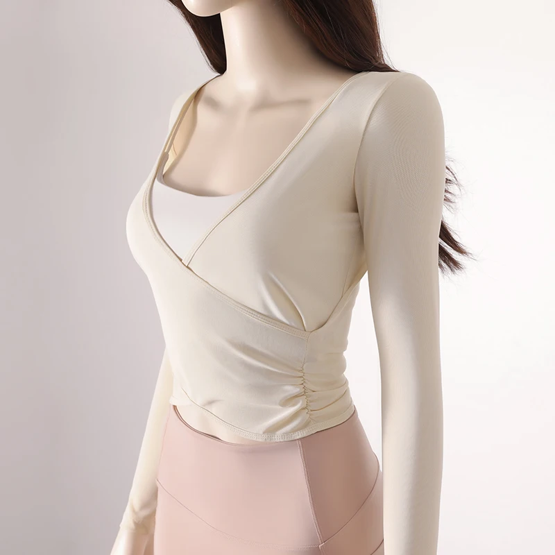 New Style Women\'s Cross Long Sleeve Running Tops Fall Side Waist Wrinkled Bra Padded Exercise Yoga T-shirt