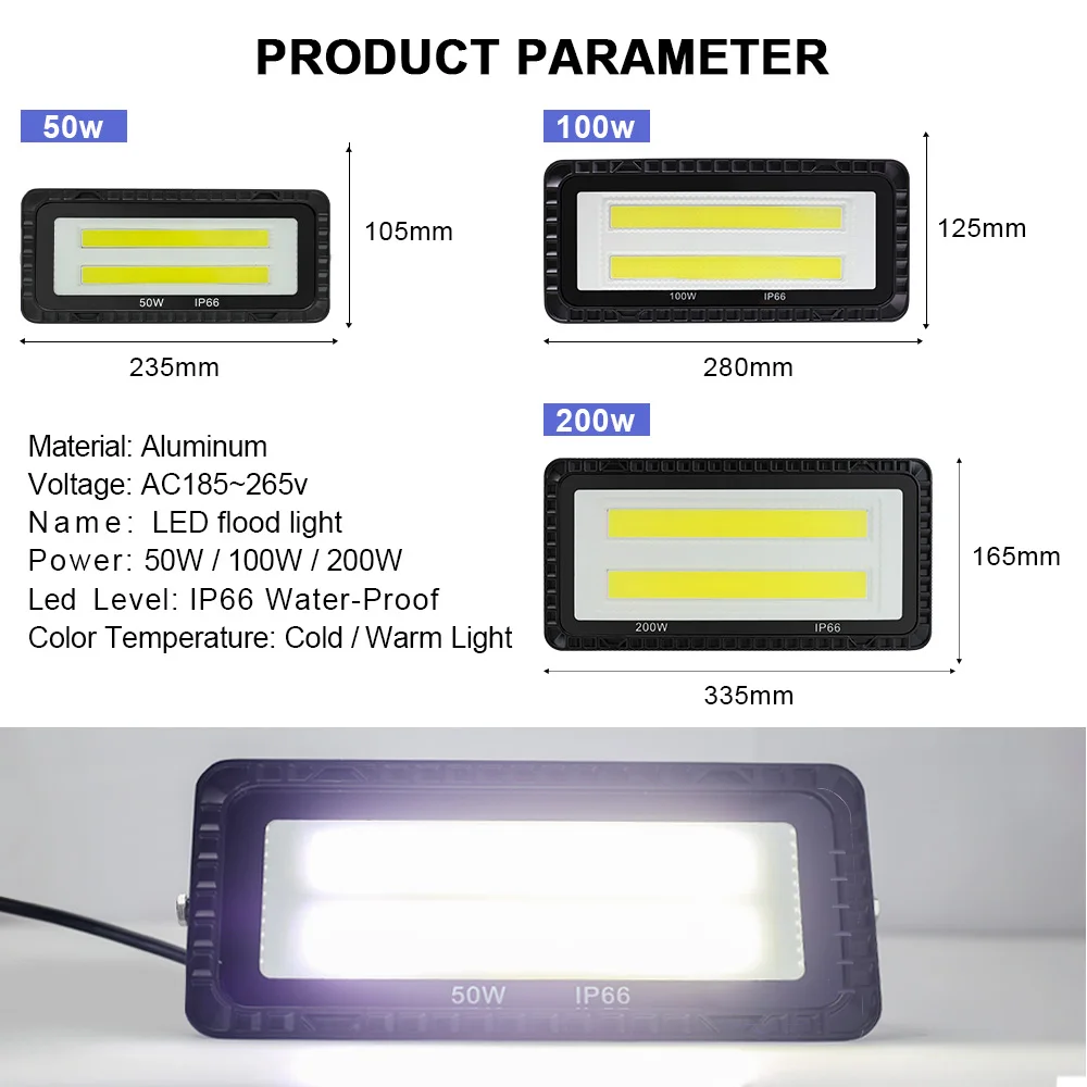 LED Flood Light 50W 100W 200W IP66 220V Outdoor Lighting COB Floodlight Spotlight Waterproof Outdoor Projector LED Garden Lamp